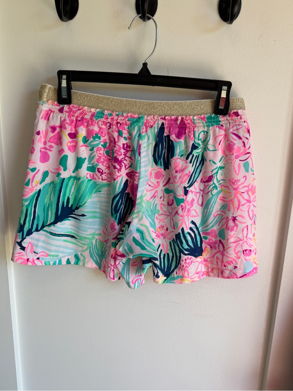 Lilly Pulitzer Pink Teal Floral Lounge Shorts with Gold Waistband - Picture 2 of 3
